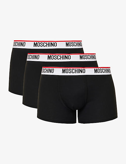MOSCHINO: Contrast waistband logo pack of three stretch-cotton trunks