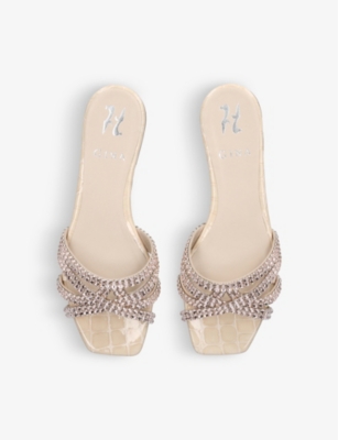 Shop Gina Womens Beige Portland Crystal-embellished Croc-embossed Leather Sandals In White