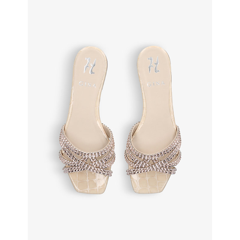 Shop Gina Women's Beige Portland Crystal-embellished Croc-embossed Leather Sandals In White
