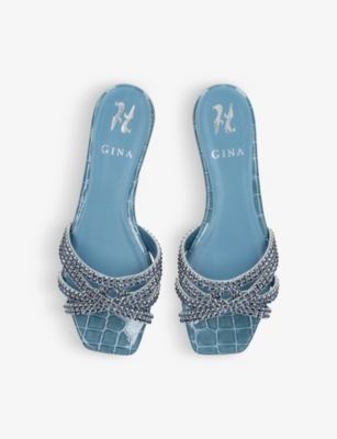 Shop Gina Womens Mid Blue Portland Crystal-embellished Croc-embossed Leather Sandals