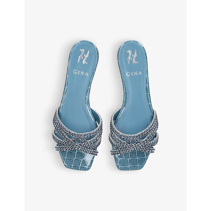 Shop Gina Women's Mid Blue Portland Crystal-embellished Croc-embossed Leather Sandals