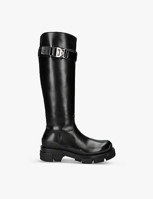 GIVENCHY: Terra logo-buckled leather knee-high boots