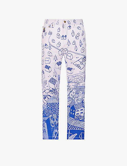KIDSUPER: Graphic-pattern brand-embroidered straight-leg jeans
