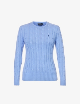 Polo Ralph Lauren Womens New Litchfield Blue Julianna Brand-embroidered Cable-knit Cotton Top