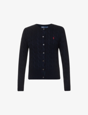 Shop Polo Ralph Lauren Women's Hunter Vy Cable-knit Brand-embroidered Cotton Cardigan In Hunter Navy