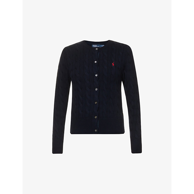 Shop Polo Ralph Lauren Cable-knit Brand-embroidered Cotton Cardigan In Hunter Navy