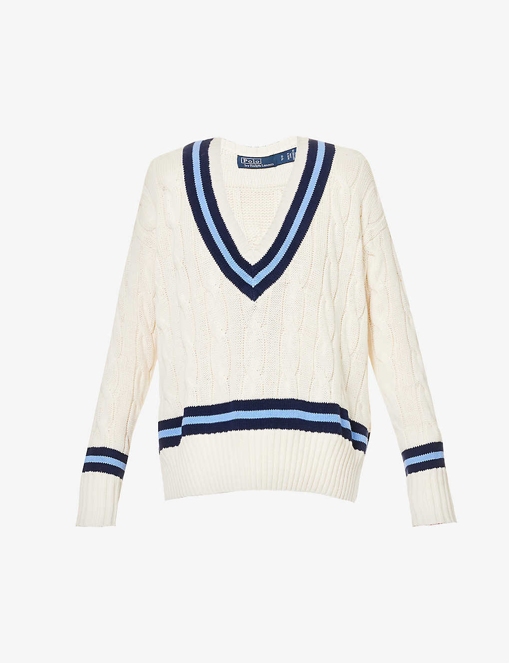 Shop Polo Ralph Lauren Women's Cream W/ Navy Stripe Cricket Relaxed-fit V-neck Cable-knit Jumper