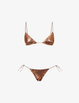 Oseree Womens Brown Metallic Faux-python Pattern Triangle Bikini