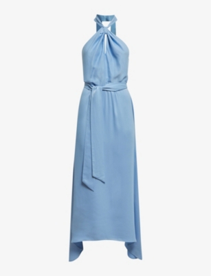 Reiss Womens Blue Evelyn Halter-neck Asymmetric-hem Woven Midi Dress