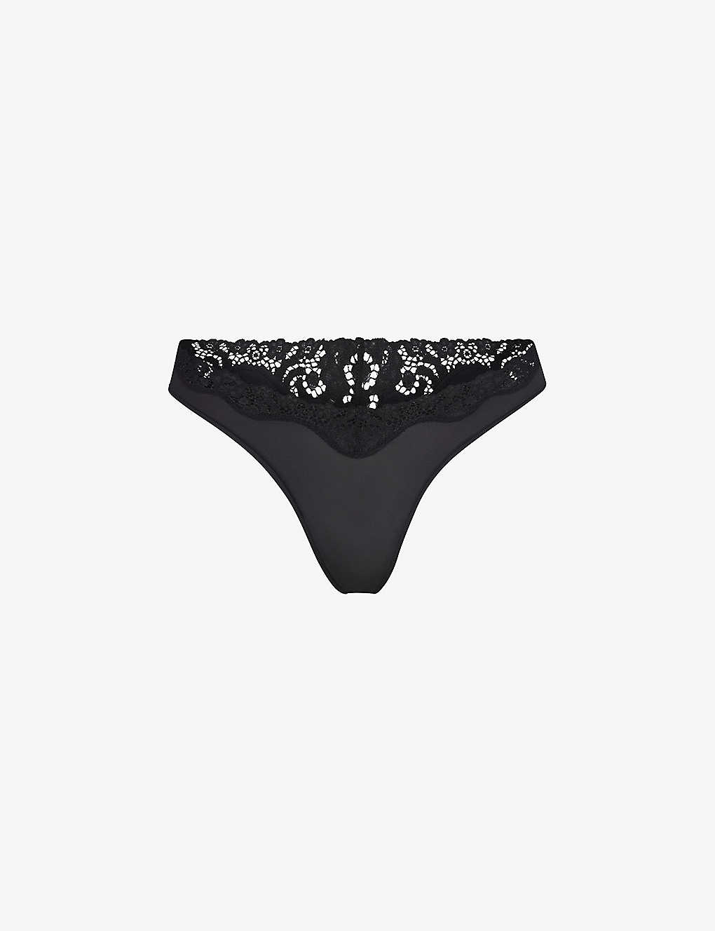 SKIMS SKIMS WOMEN'S ONYX FITS EVERYBODY LACE-TRIMMED STRETCH-WOVEN THONG,64658231