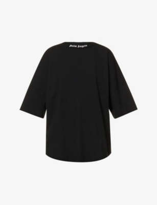 Palm Angels Curved Logo-print Cropped Cotton-jersey T-shirt in Black