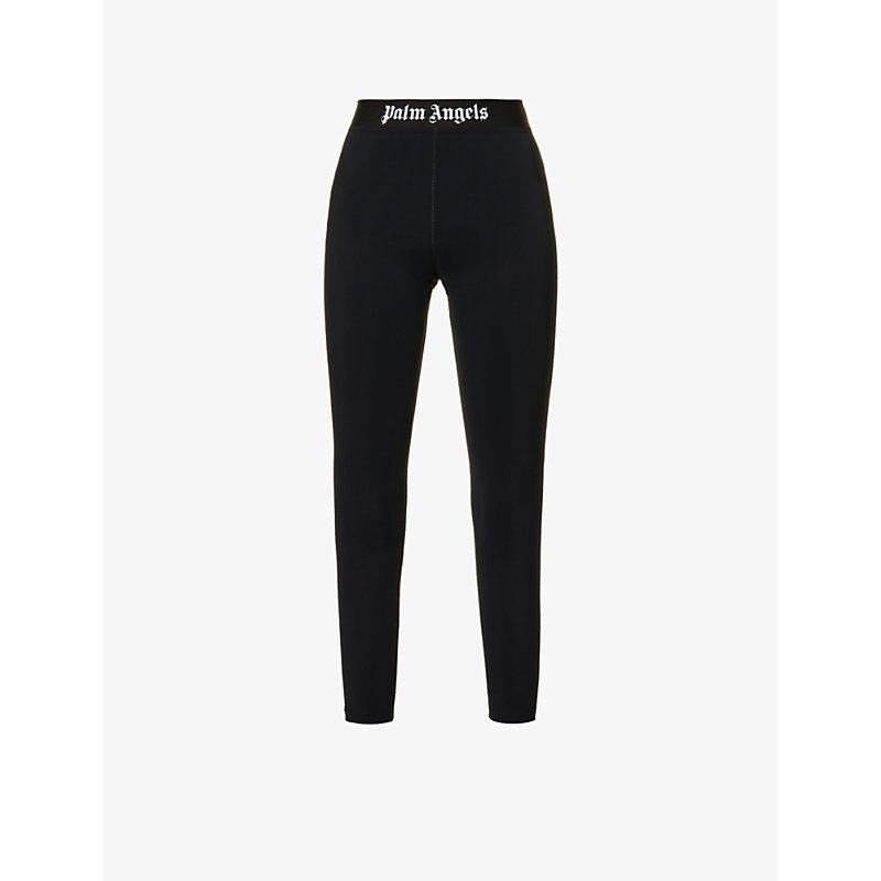 PALM ANGELS PALM ANGELS WOMENS BLACK WHITE BRANDED-WAIST HIGH-RISE STRETCH-WOVEN LEGGINGS,64662887