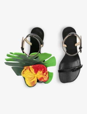 Shop Loewe Women's Blk/other Petal Monstera Leather Heeled Sandals