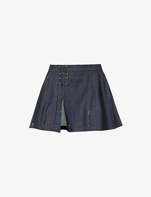 SAMI MIRO VINTAGE: Pin-detail pleated denim mini skirt