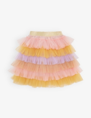 RASPBERRY PLUM: Rainbow glitter-waistband ruffle-trim woven skirt 3-12 years
