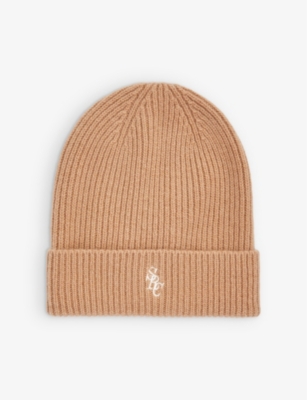 SPORTY AND RICH SPORTY & RICH WOMENS CAMEL BRAND-EMBROIDERED CASHMERE KNITTED BEANIE HAT,64693485