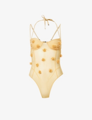 Jacquemus Le Body Ilha Beaded Mesh Bodysuit In Light Orange