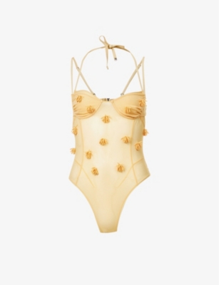 JACQUEMUS JACQUEMUS WOMENS LIGHT ORANGE LE BODY BEAD-EMBELLISHED STRETCH-MESH BODY,64702095