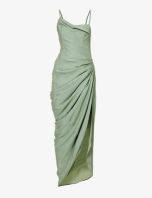 Jacquemus Saudade Asymmetric Ruched Dress In Khaki
