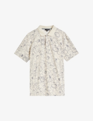 TED BAKER TED BAKER MENS NATURAL HOLLER FLORAL-PRINT SHORT-SLEEVED COTTON POLO SHIRT,64706857