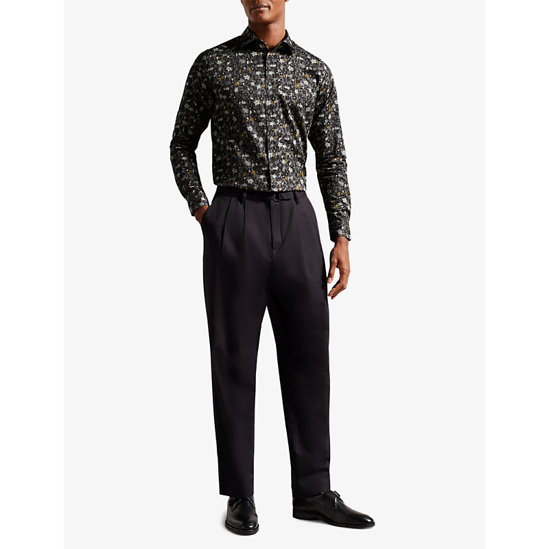Shop Ted Baker Mens Grey Torted Floral-print Stretch-cotton Shirt