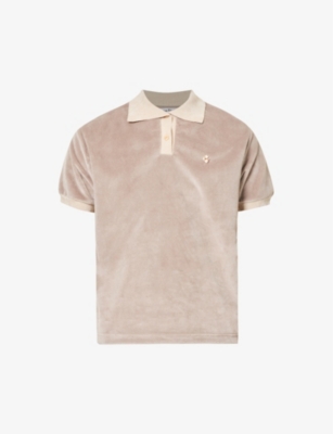 ACNE STUDIOS ACNE STUDIOS MEN'S LIGHT BROWN FRISCO FLORAL-EMBELLISHED VELOUR POLO SHIRT,64726268