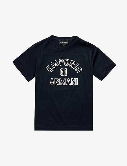 EMPORIO ARMANI：徽标印花平纹针织棉棒球 T 恤 4-16 岁