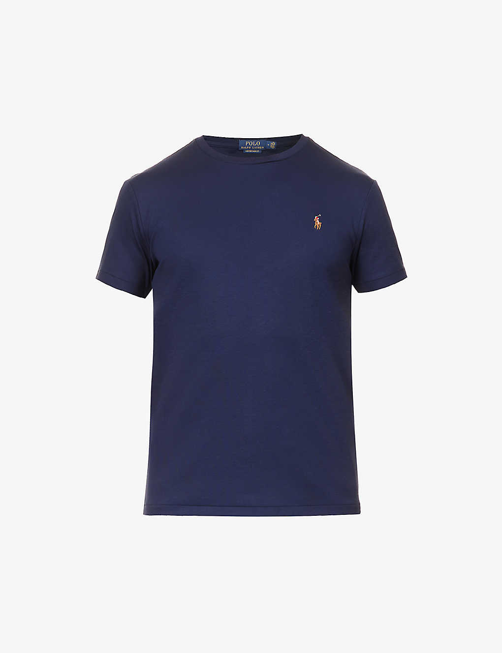 Shop Polo Ralph Lauren Men's French Navy Short-sleeved Logo-embroidered Custom Slim-fit Cotton-jersey T-s