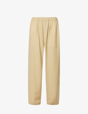 MONCLER MONCLER WOMEN'S BEIGE ELASTICATED-WAIST RELAXED-FIT WIDE-LEG MID-RISE WOOL-BLEND TROUSERS,64744385