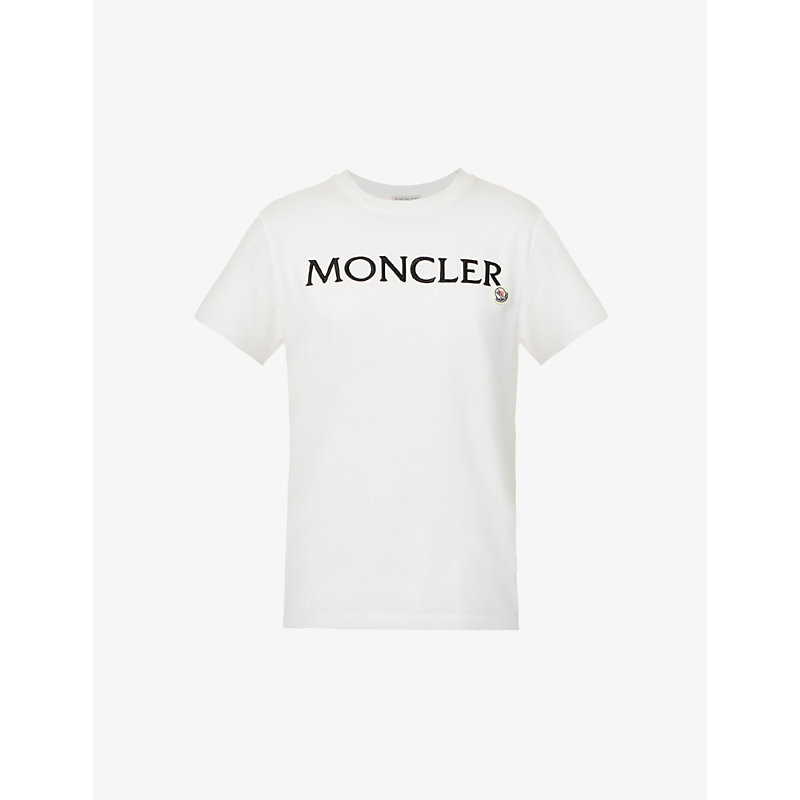 Moncler Women's White Brand-appliqué Ribbed-trim Cotton T-shirt In White/black
