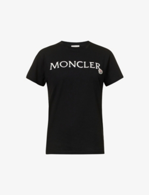 Moncler Womens Black Brand-appliqué Ribbed-trim Cotton T-shirt In Black/white