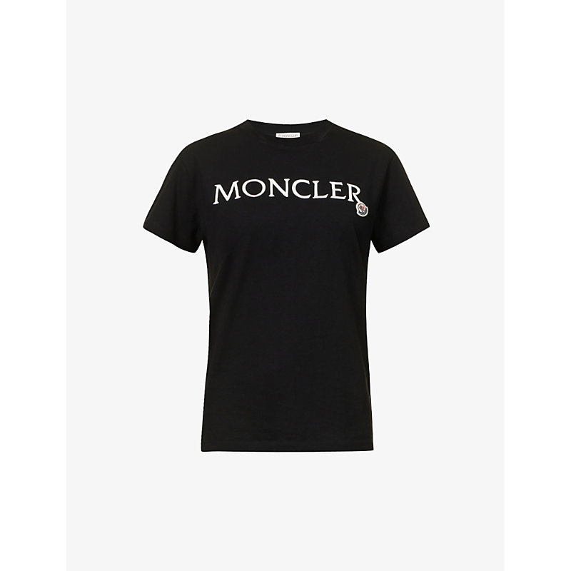 Moncler Brand-appliqué Ribbed-trim Cotton T-shirt In Black/white
