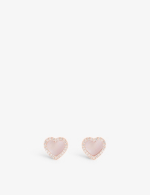 Apm Monaco Women's Rose Gold Heart 18ct Rose Gold-plated Brass, Zirconia And Pink Nacre Stud Earring