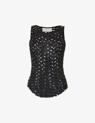 Song For The Mute Womens Black Curved-hem Open-knit Woven Top In Black