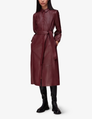 Shop Whistles Womens Plum/claret Phoebe Belted Leather Midi Dress