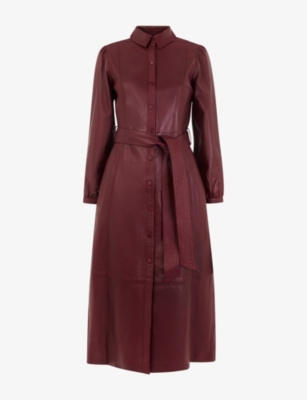 Whistles Phoebe Belted Leather Midi Dress In Plum/claret