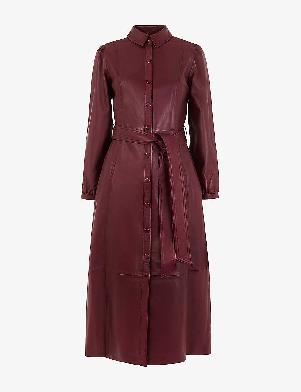 Whistles Phoebe Belted Leather Midi Dress In Plum/claret