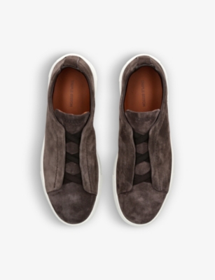 Shop Ermenegildo Zegna Zegna Men's Dark Brown Triple Stitch Suede Low-top Trainers