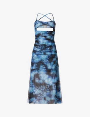 MISBHV MISBHV WOMENS BLUE ABSTRACT-PRINT CUT-OUT STRETCH-WOVEN MIDI DRESS,64787429