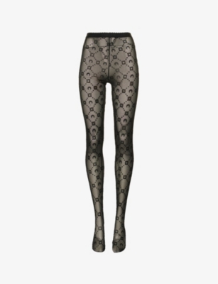 Marine Serre Womens 00 Black On Black Monogram-print High-rise Stretch-recycled Polyamide Tights