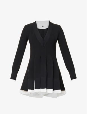 SACAI: V-neck pleated woven knit midi dress