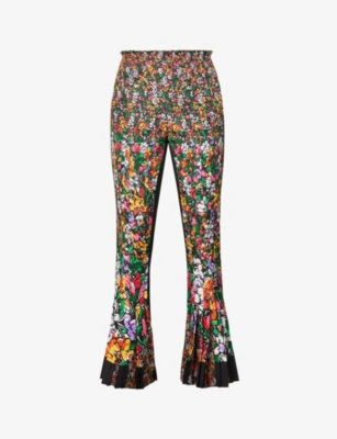 SACAI SACAI WOMEN'S MULTI FLORAL-PRINT FLARED-LEG MID-RISE WOVEN TROUSERS,64810561