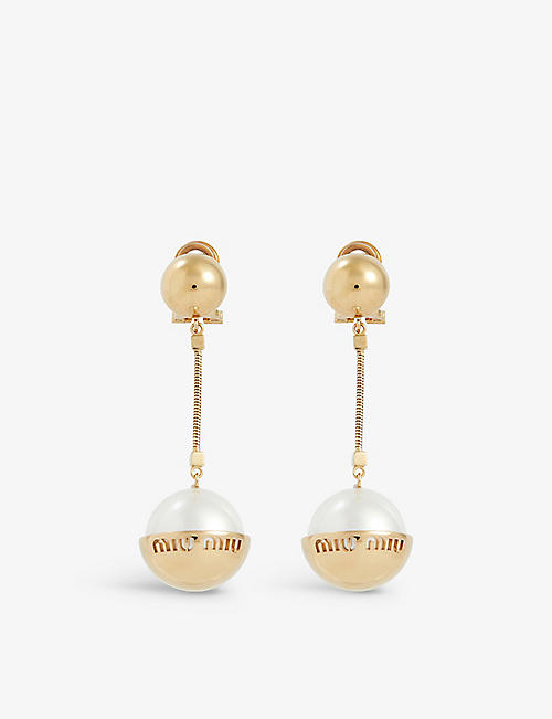 MIU MIU: Logo-engraved brass and faux-pearl drop earrings