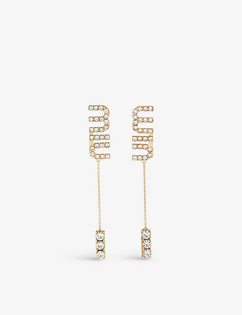 MIU MIU: Logo brass and crystal drop earrings