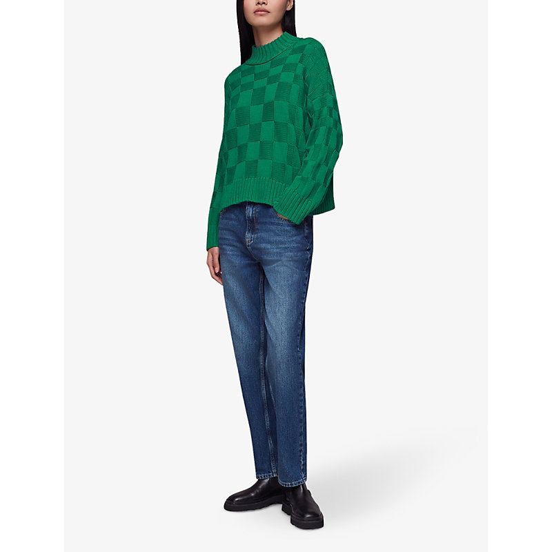 Shop Whistles Women's Green Checked Funnel-neck Cotton-knit Jumper