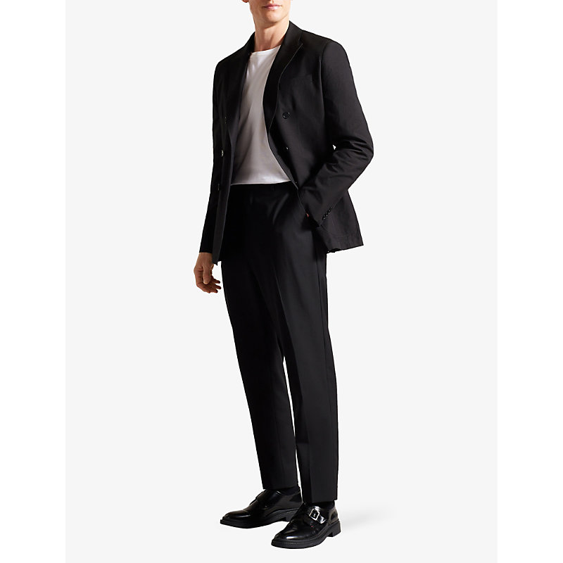Shop Ted Baker Mens Black Slim-fit Double-breasted Cotton And Linen-blend Blazer