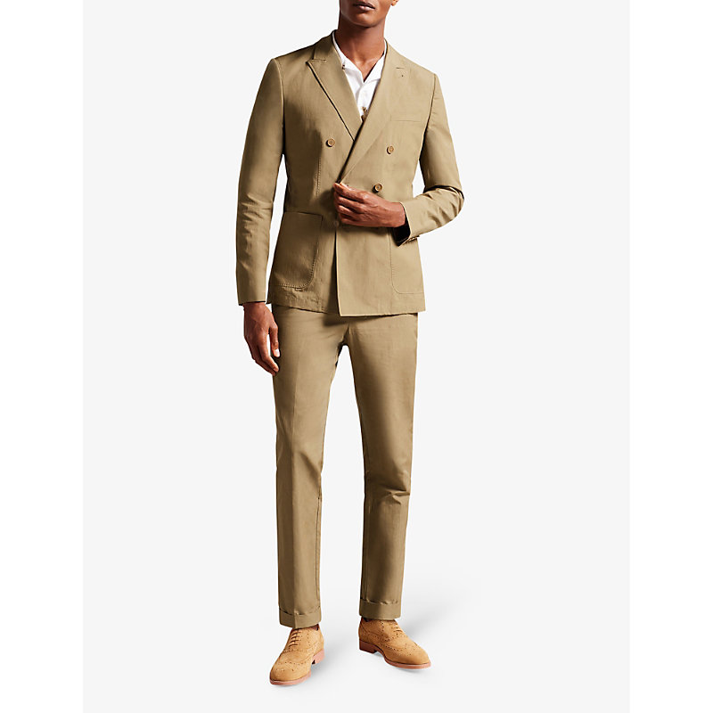 Shop Ted Baker Men's Stone Slim-fit Double-breasted Cotton And Linen-blend Blazer