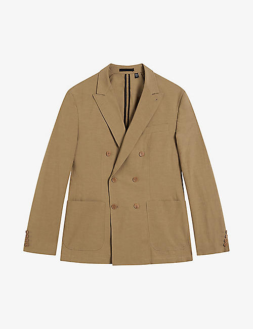 TED BAKER: Slim-fit double-breasted cotton and linen-blend blazer