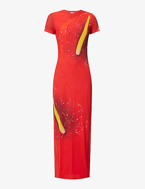 LOEWE: Anthurium graphic-print stretch-mesh maxi dress