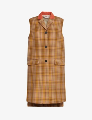 Marni Suede-collar Check Long Waistcoat Vest In Dust Apricot